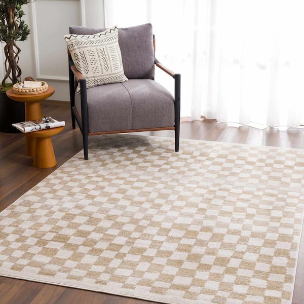 Hauteloom Beige/Gold 7 ft. 10 in. x 10 ft. Pertek Checkered Square Tile Distressed Rectangle Area Rug