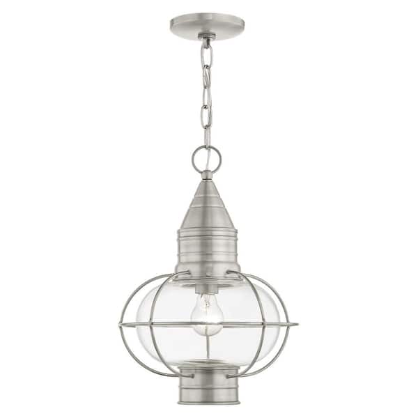 Hennington 16.75 in. 1-Light Brushed Nickel Dimmable Outdoor Pendant Light with Clear Glass and No Bulbs Included