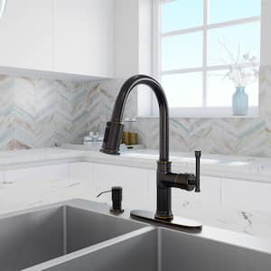 1.8 GPM Single Handle Pull Down Sprayer Kitchen Faucet with Soap Dispenser and Ceramic Cartridge in Oil Rubbed Bronze