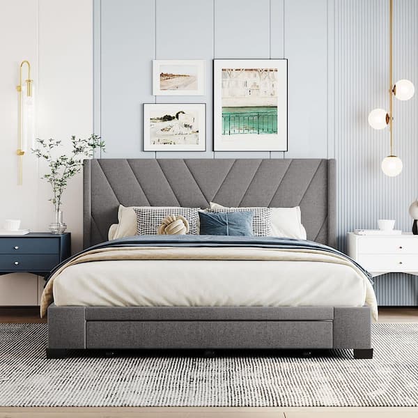 Qualler Gray Wood Frame Queen Size Upholstered Platform Bed with 3 Drawers