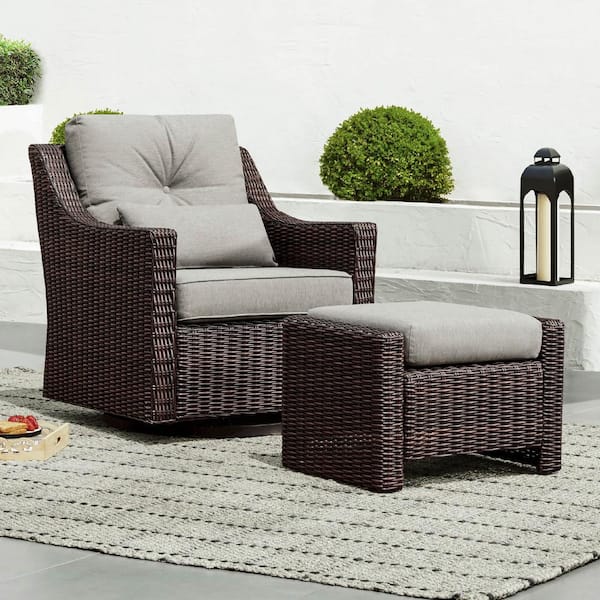 Thaddeus Brown Fabric 360° Rocking Swivel Wicker Accent Chair and Ottomans with Gray Cusions for Living Room or Backyard