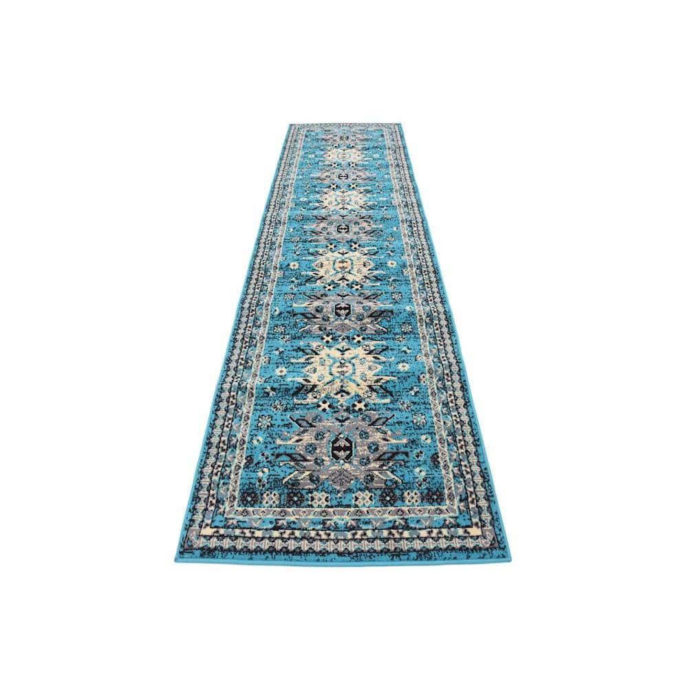 Turquoise and Black Synthetic Runner Rug with Tribal Design