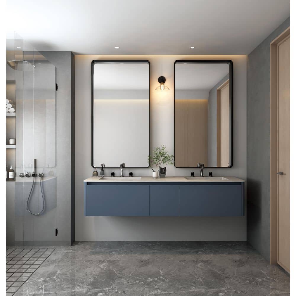 Large Matte Black Rectangular Metal Framed Vanity Mirror