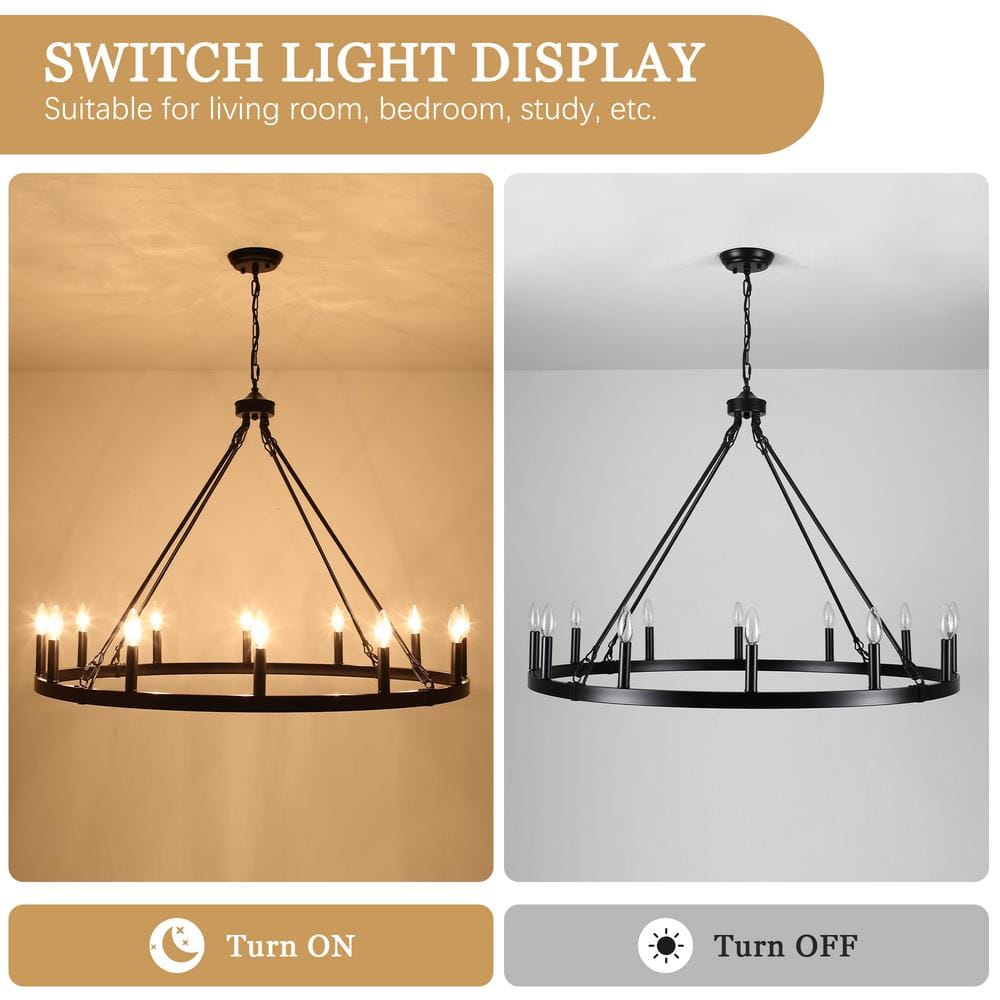 Black Metal 12-Light Candle Wagon Wheel Chandelier