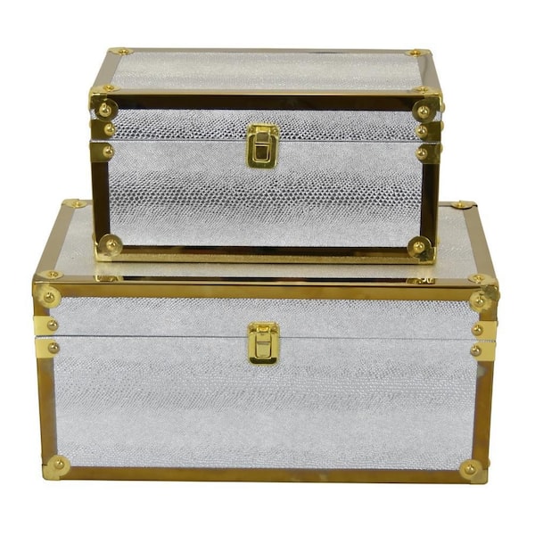 Benjara Jito Silver and Gold 8.5 in. x 7.5 in. Wood and Metal Decorative Box with Abstract Pattern (Set of 2)