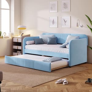 Light Blue Twin Size Velvet Upholstered Daybed with Trundle