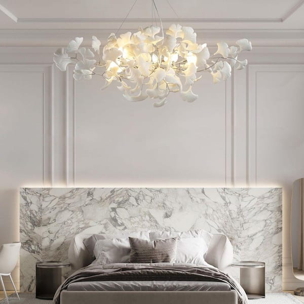 Gleam Flare 10 Light Silver Chandelier, Luxury Ginkgo Branch