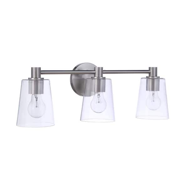 Emilio 23.43 in. 3-Light Brushed Polished Nickel Finish Vanity Light with Clear Glass Shade