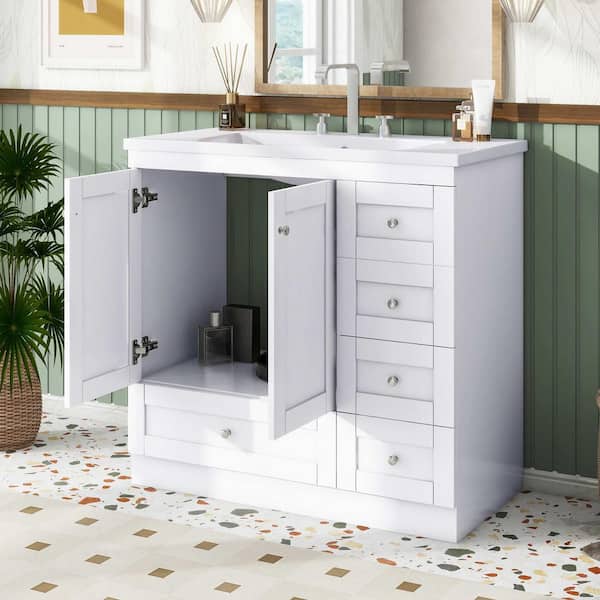 35.8 in. W Single Sink Bath Vanity in White with White Solid Surface Top, 4-Soft-close Drawers and 2-Soft-close Doors