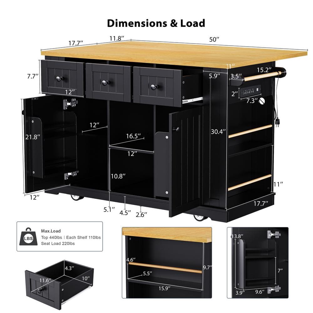 Gray Blue Kitchen Cart with Drop-Leaf Tabletop, Door Internal Storage Racks, Power Outlet, 5 Open Side Racks - thumbnail 3