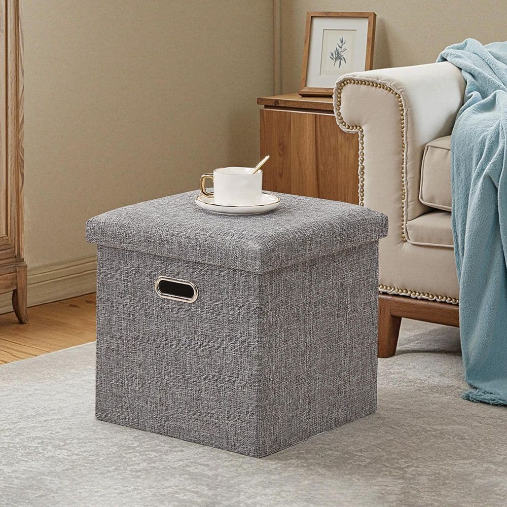 "Small Storage Ottoman Cube 15"", Gray Foldable Linen Foot Rest with Lid and Hidden Storage for Bedroom, Living Room" price history on PriceWatchPro