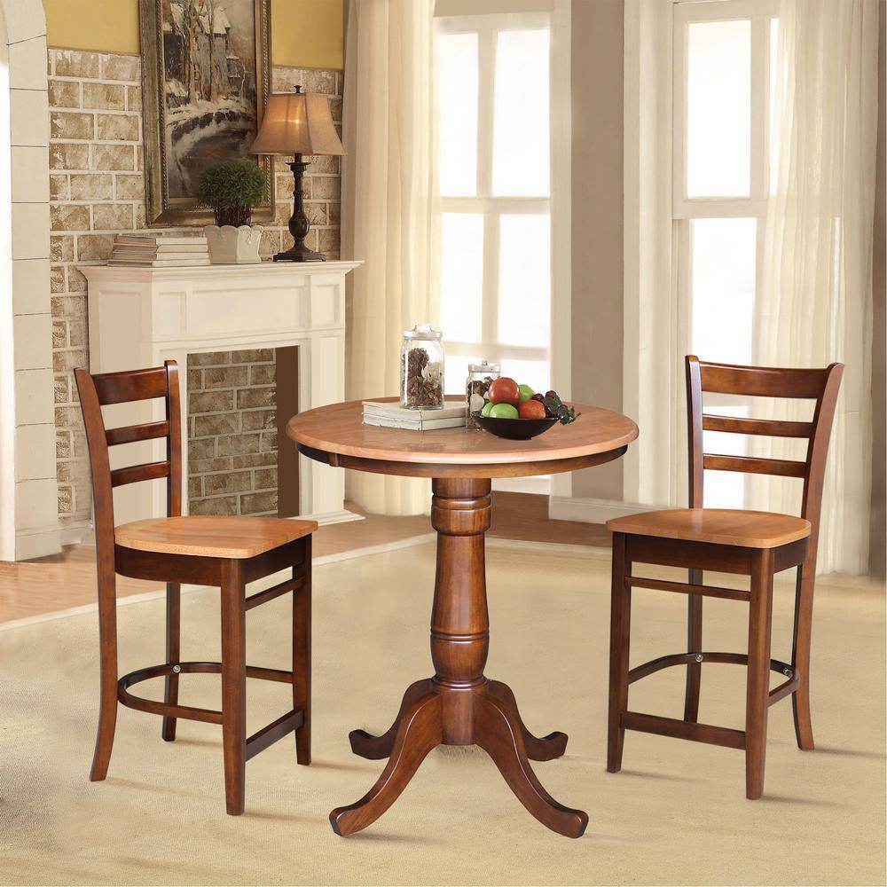 Farmhouse Charm 33" Round Extendable Wood Counter Height Table in Cinnamon