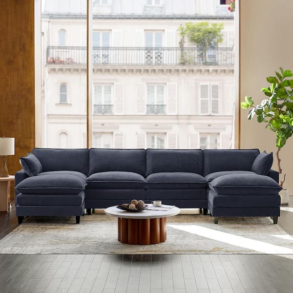Braya 151.5 in. Pillow Arm 6 Seats Sectional Polyester Sofa in Navy