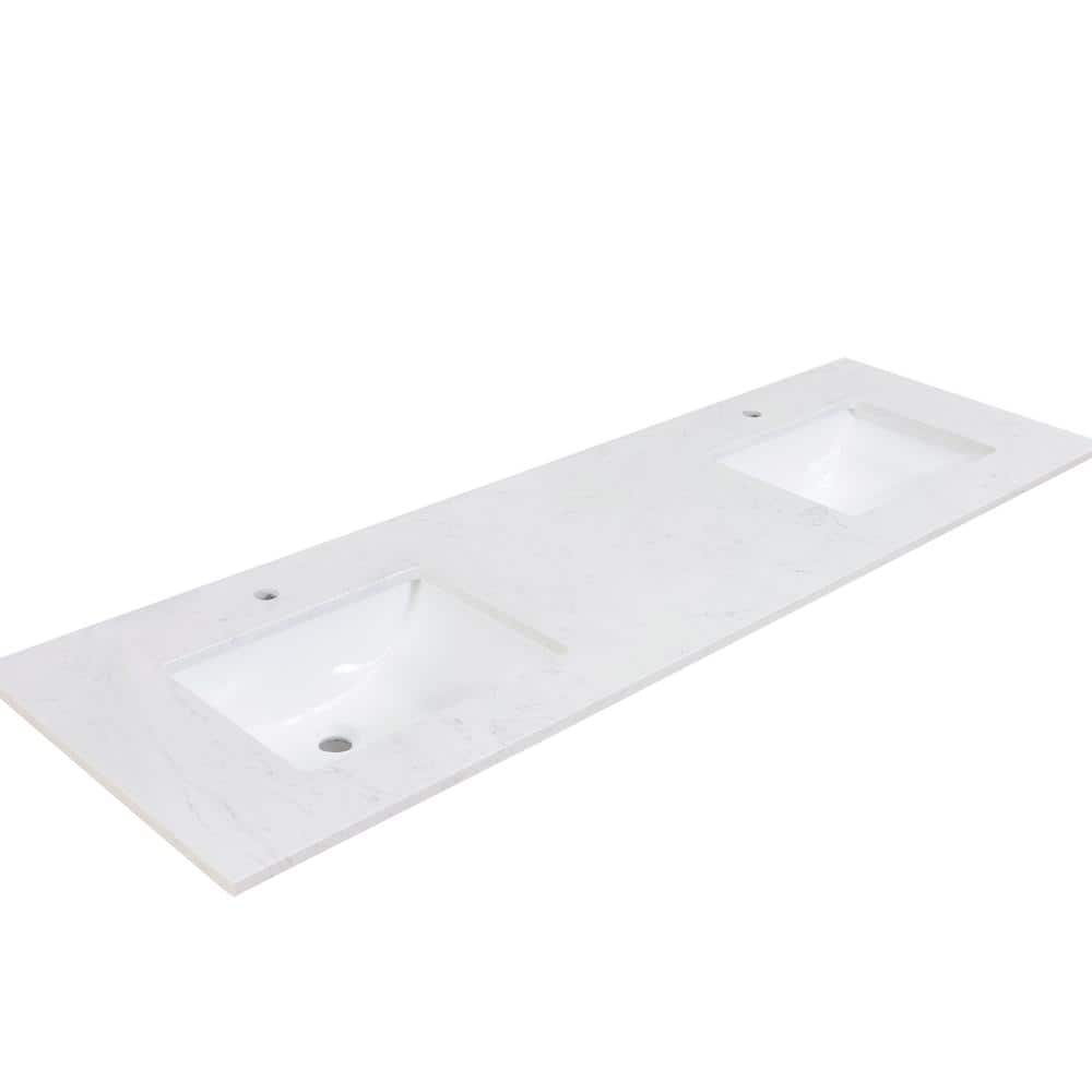 73" White Stone Double Sink Vanity Top with Ceramic Basins
