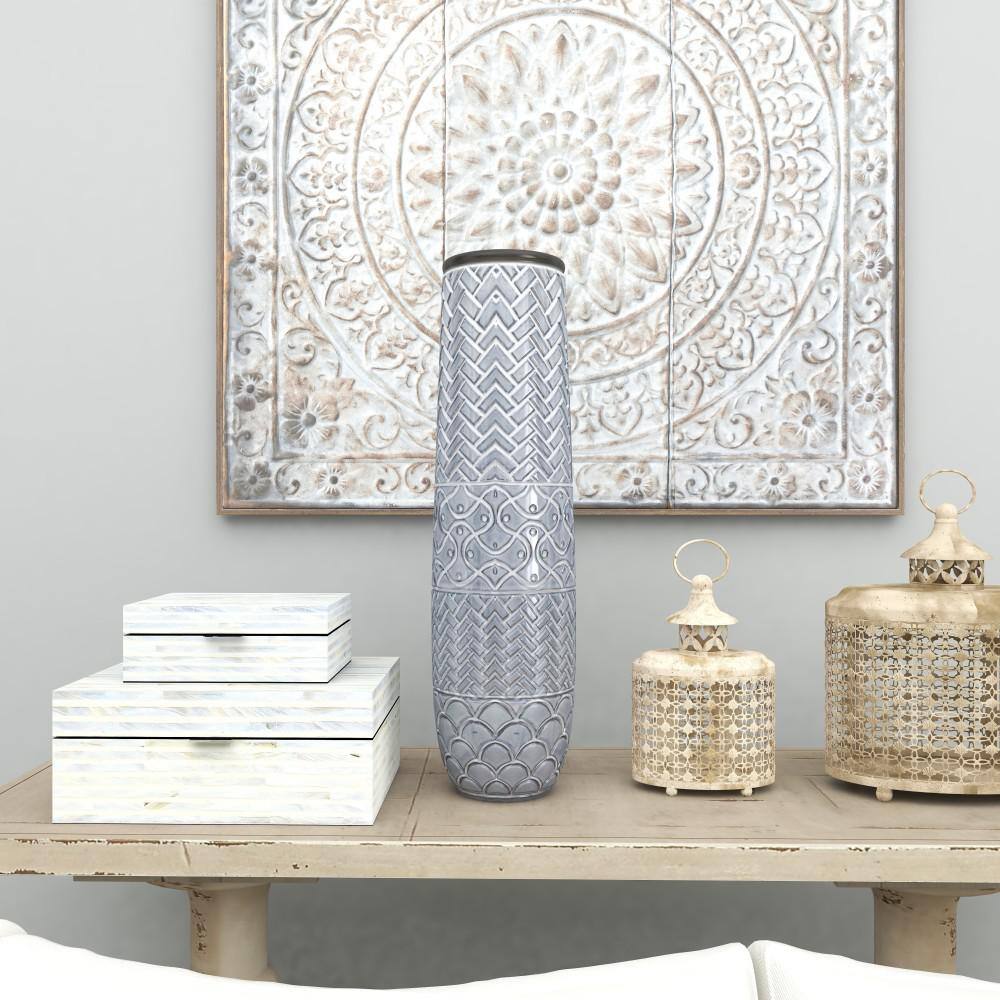 Gray Ceramic Eclectic Decorative Floor Vase with Patterns, 22"