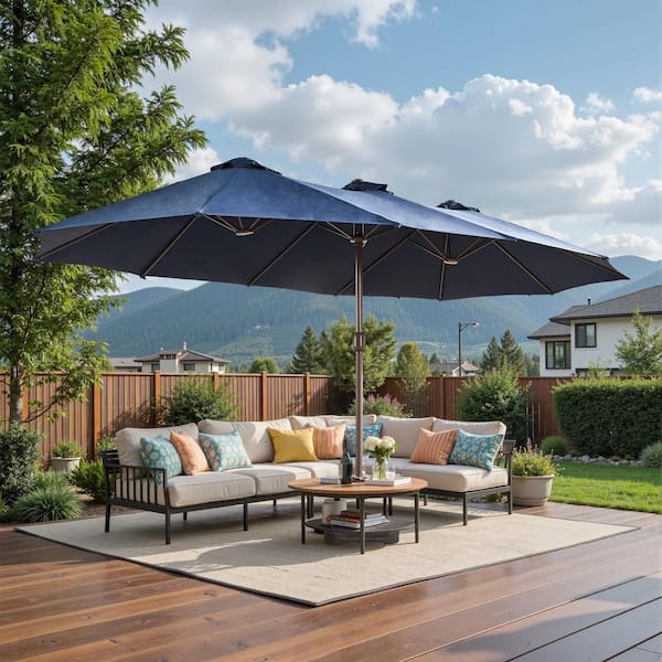 Levitz Double Top 14.5 ft. Steel Cantilever Outdoor Patio Umbrella with Weighted Base in Dark Blue