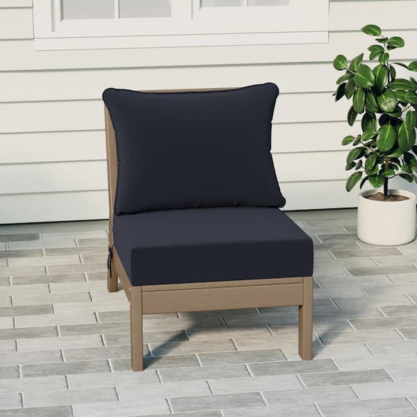 Birchwood Outdoor Patio Deep Seating HDPE Armless Lounge Chair in Weathered Wood with Navy Blue Cushions
