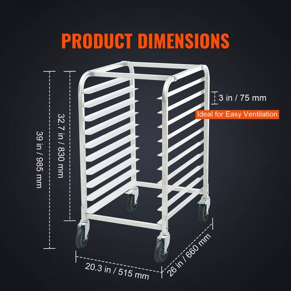 10-Tier Bun Pan Rack, 26in. L x 20. 3in. W x 39in. H, Aluminum Bakery Storage Trolley with Brake Wheels