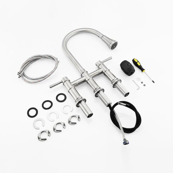 17.52 in. H Brushed Nickel Two Handles Pull Down Sprayer Kitchen Faucet with 360° Swivel
