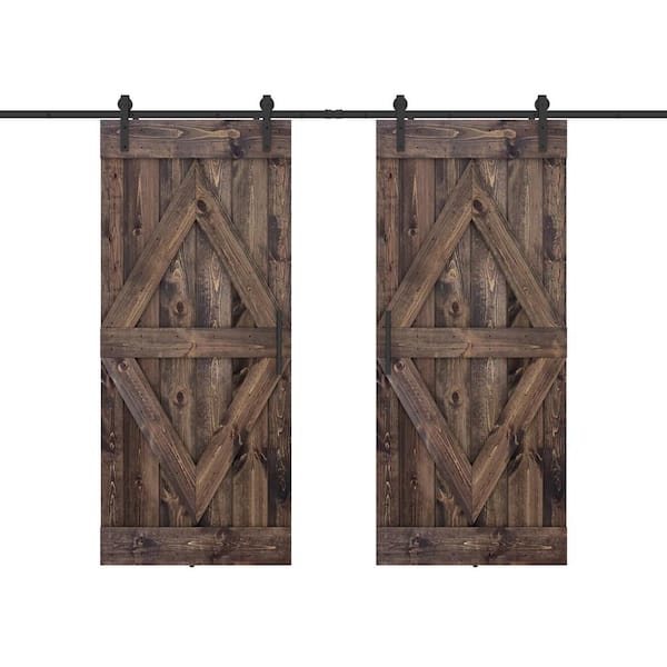Dessliy Diamond Series 48 in. x 84 in. Fully Set Up Dark Brown Finished Pine Wood Sliding Barn Door with Hardware Kit