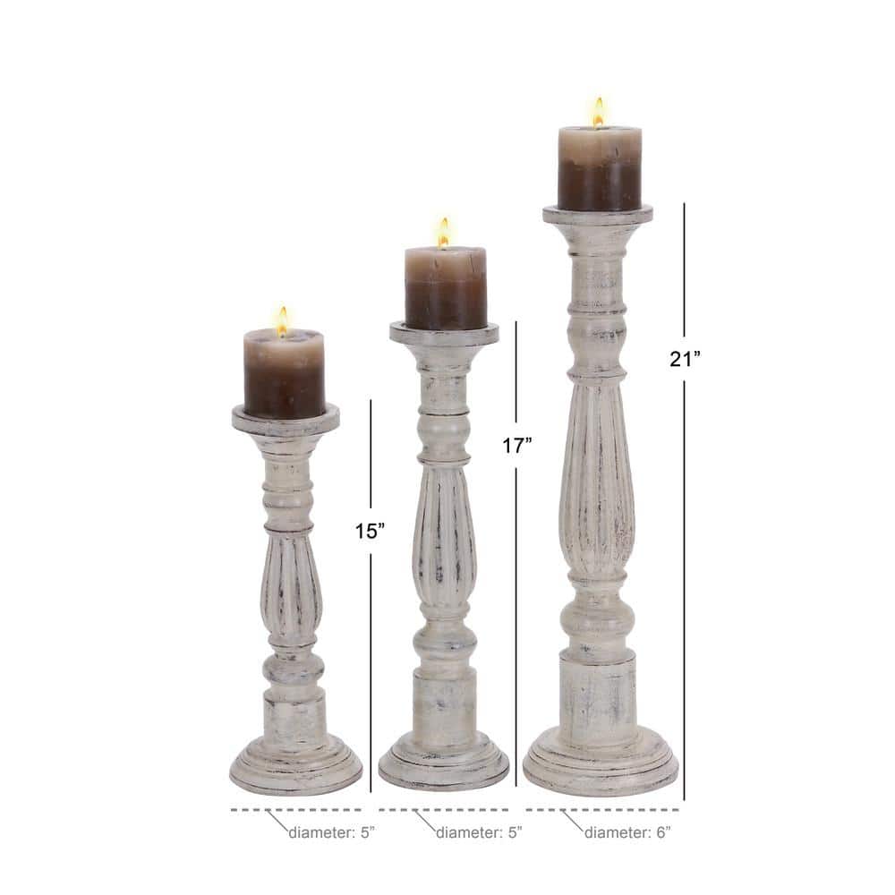 Distressed White Mango Wood Candle Holder Set, 21" 17" 15"