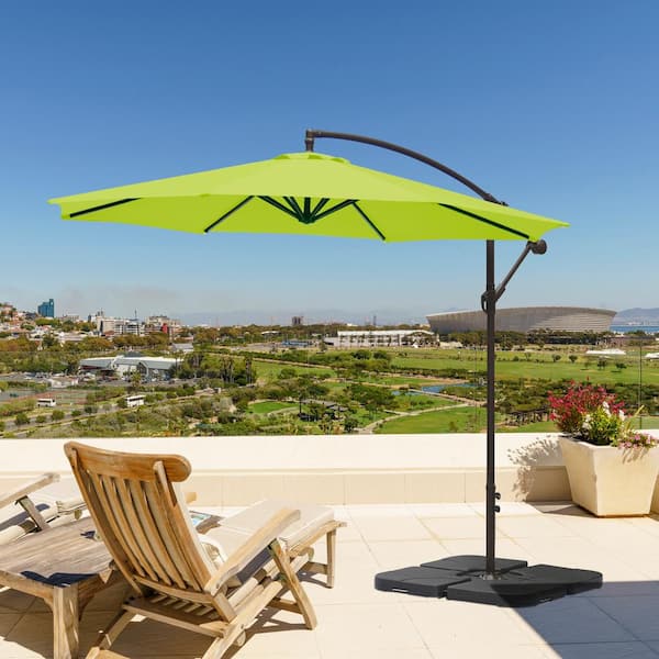 Bayshore Outdoor 10 ft. Hanging Offset Cantilever Patio Umbrella with Easy Crank Lift and Base Weights in Lime