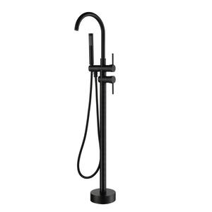 Double-Handle Floor-Mount High Arch Tub Faucet High Flow Bathroom Tub Filler with Hand Shower in Oil Rubbed Bronze