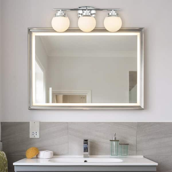 Pearson 3-Light Chrome Vanity Light with White Frosted Glass Shades