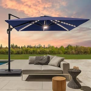 Navy Blue Premium 10 x 10 ft. LED Cantilever Patio Umbrella with a Base and 360° Rotation and Infinite Canopy Angle