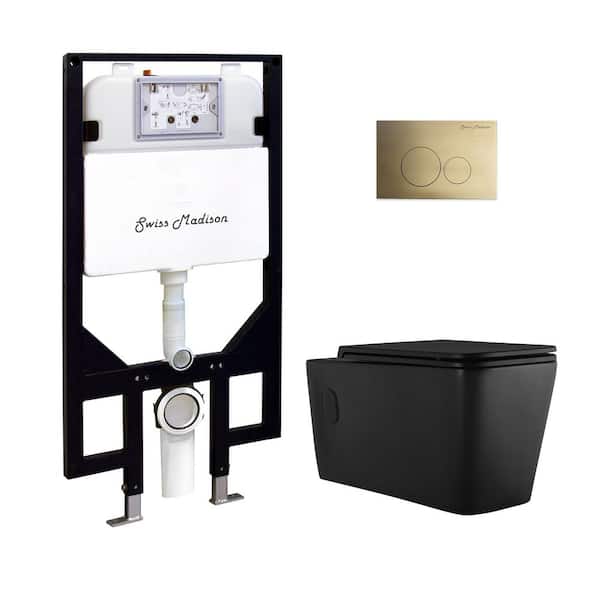 Concorde Wall-Hung Toilet, Square, 3-Piece Bundle 0.8/1.6 GPF Dual Flush in Matte Black with Brass Flush Plate