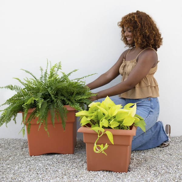 Veranda Square 18 in. Terra Cotta Plastic Deck Box Planter