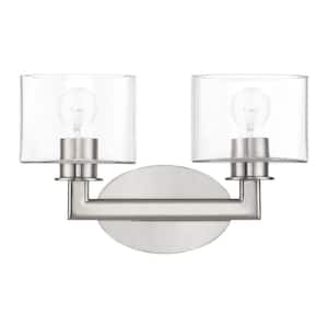 Bernardino 16 in. 2-Light Brushed Nickel Vanity Light with Mouth Blown Clear Glass