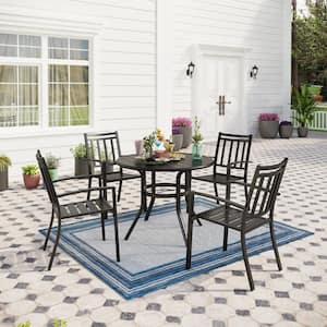 Black 5-Piece Metal Outdoor Patio Dining Set with Slat Round Table and Stripe Stackable Chairs