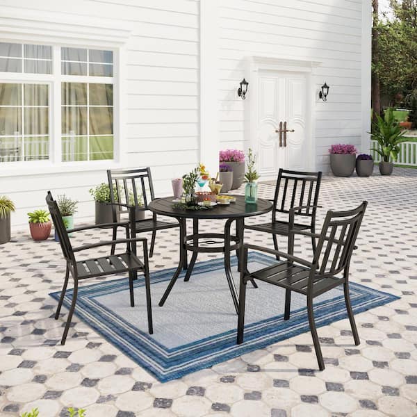 PHI VILLA Black 5-Piece Metal Outdoor Patio Dining Set with Slat Round Table and Stripe Stackable Chairs