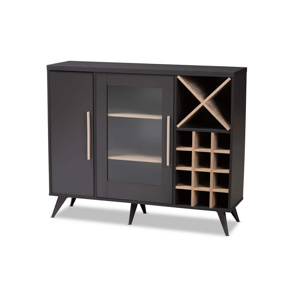 Pietro Mid-Century Dark Grey and Oak 24-Bottle Wine Cabinet