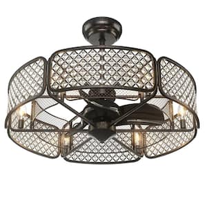 30 in. Indoor Coffee Caged Ceiling Fan with Light Crystal Lampshade 6-Light Bases
