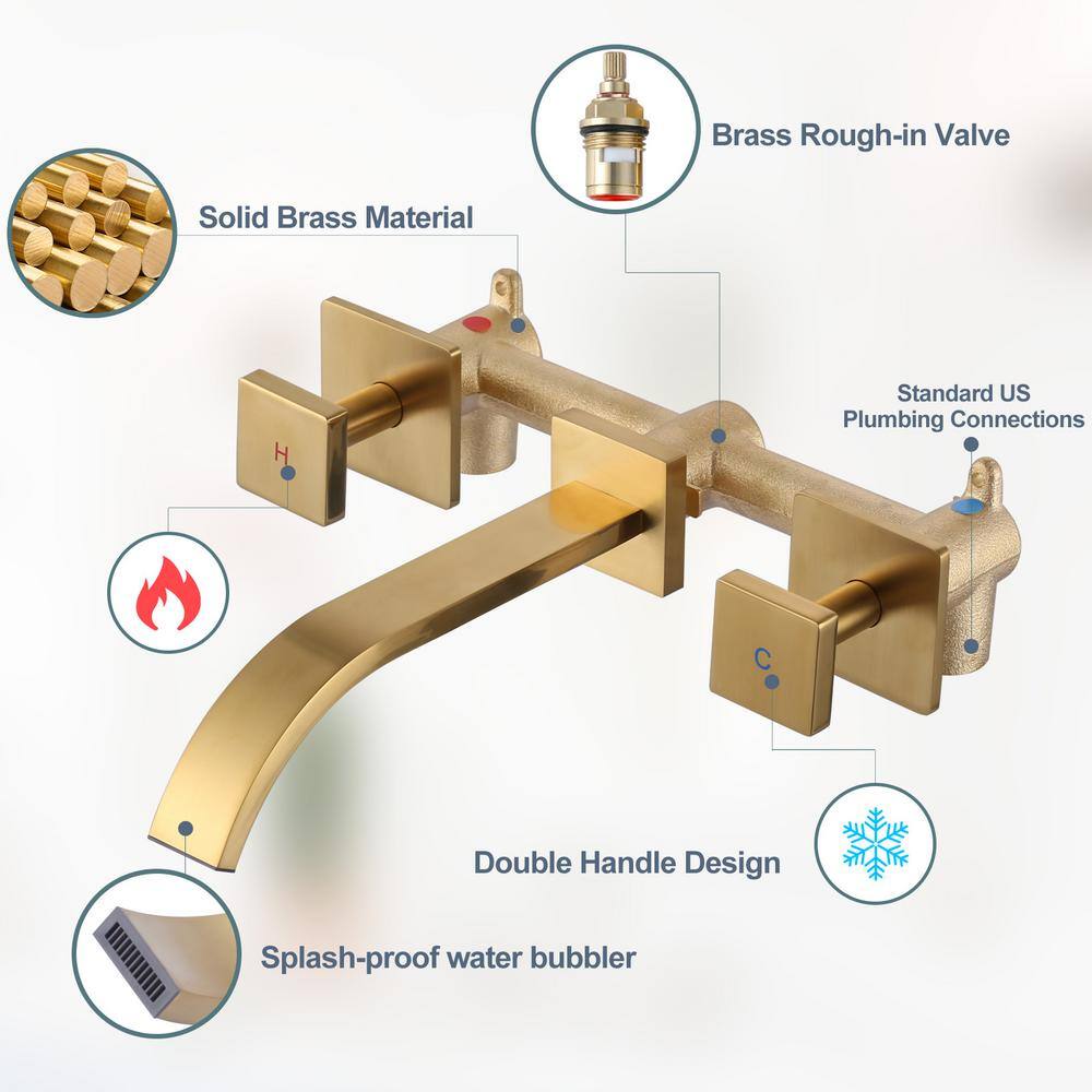 Brushed Gold Double Handle Wall Mounted Bathroom Faucet