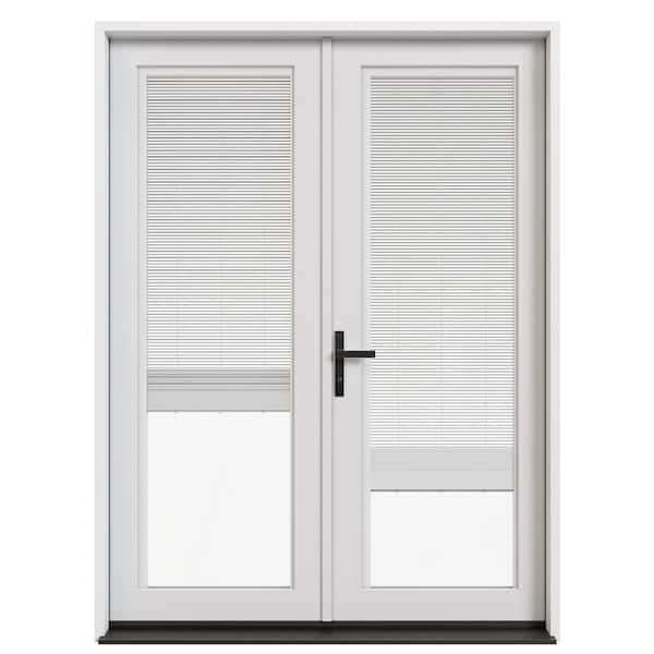 60 in. x 80 in. Right-Hand/Inswing Primed Fiberglass French Patio Door w/ Low-E Glass, Blinds & Black Handle