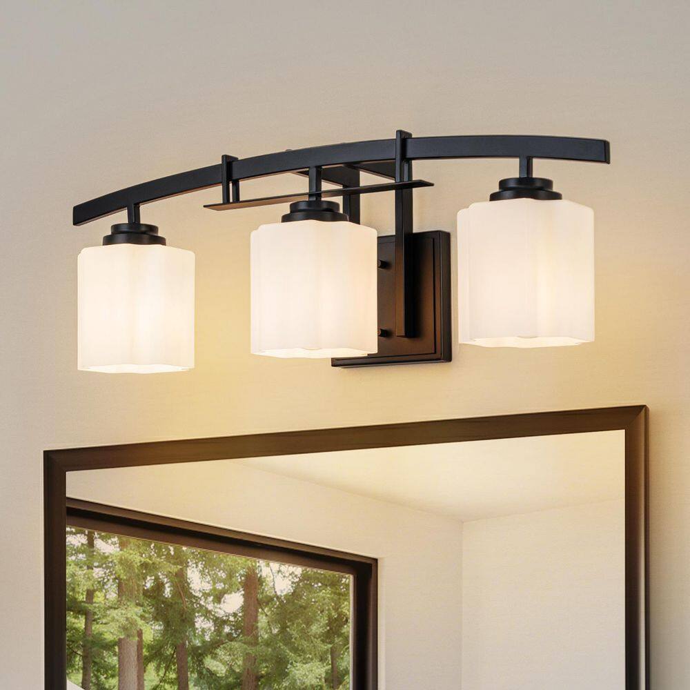 Niabe 24 in.W 3-Light Matte Black Vanity Light with Flower Square Opal White Glass Shades for Bathroom and Mirror price history on PriceWatchPro