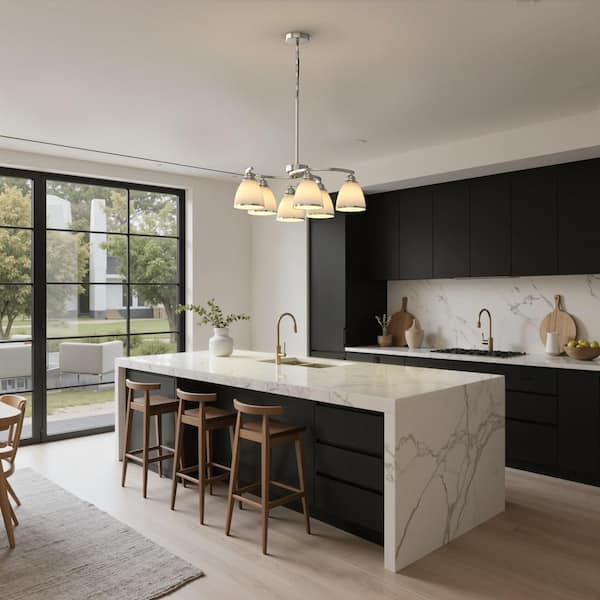 6-Light Modern Brushed Nickel Chandelier with Bowl Frosted White Glass Shades for Dining Room or Bedroom