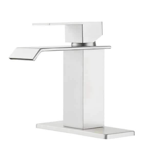 Single Handle Waterfall Spout Single Hole Bathroom Sink Faucet Bath Vanity Faucet with Pop-Up Drain in Brushed Nickel