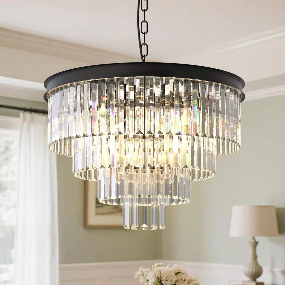 Briignite 24 in. 12-Light Black Crystal Chandelier, 4-Tier Modern