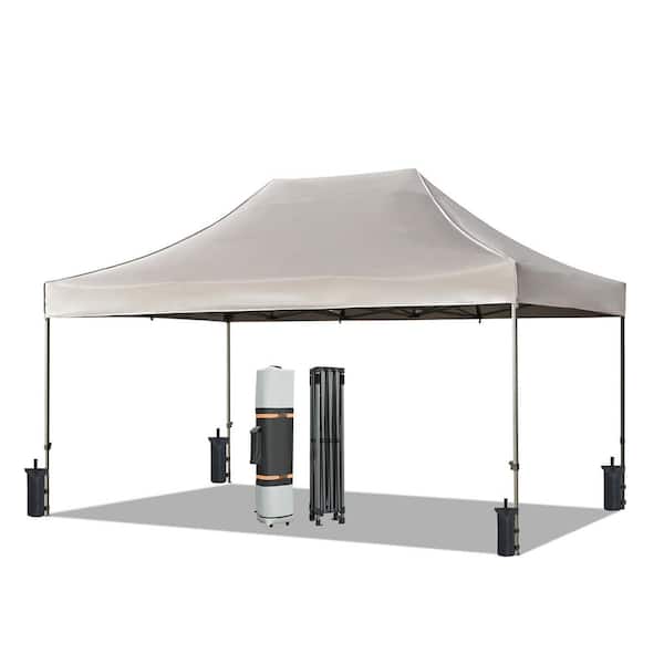 Zeus & Ruta 10 ft. x 15 ft. Khaki Pop Up Canopy with 4-Sidewalls and Wheeled Bag for Backyard, Wedding Party Tent