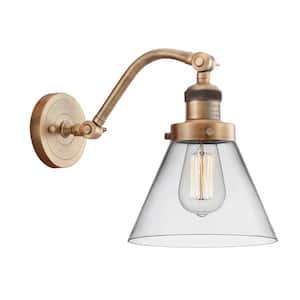Cone 8 in. 1-Light Brushed Brass Wall Sconce with Clear Glass Shade