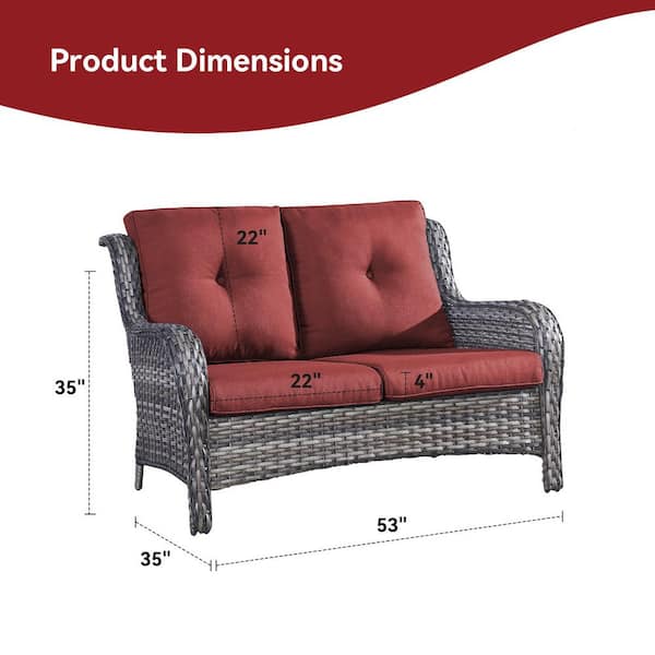 Gray PE Wicker Outdoor Loveseat with Red Cushions and Curved Arm Design