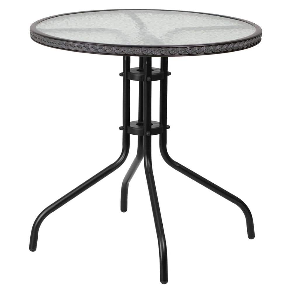 Round Tempered Glass Metal Outdoor Side Table with Gray Rattan Edging