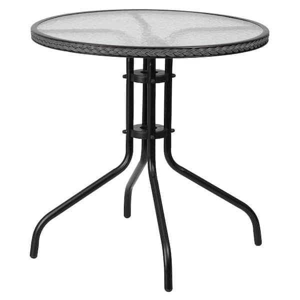 Unbranded Round Tempered Glass Metal Outdoor Side Table with Gray Rattan Edging
