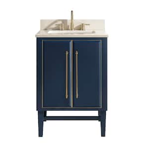 Mason 25 in. W x 22 in. D Bath Vanity in Navy Blue/Gold Trim with Marble Vanity Top in Crema Marfil with White Basin