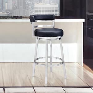 Madrid Contemporary 30 in. Bar Height Bar Stool in Brushed Stainless Steel and Black Faux Leather