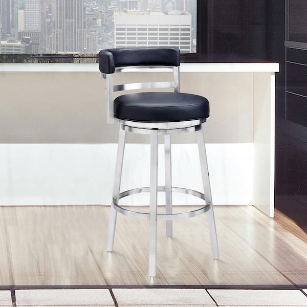Armen Living Madrid Contemporary 30 in. Bar Height Bar Stool in Brushed Stainless Steel and Black Faux Leather